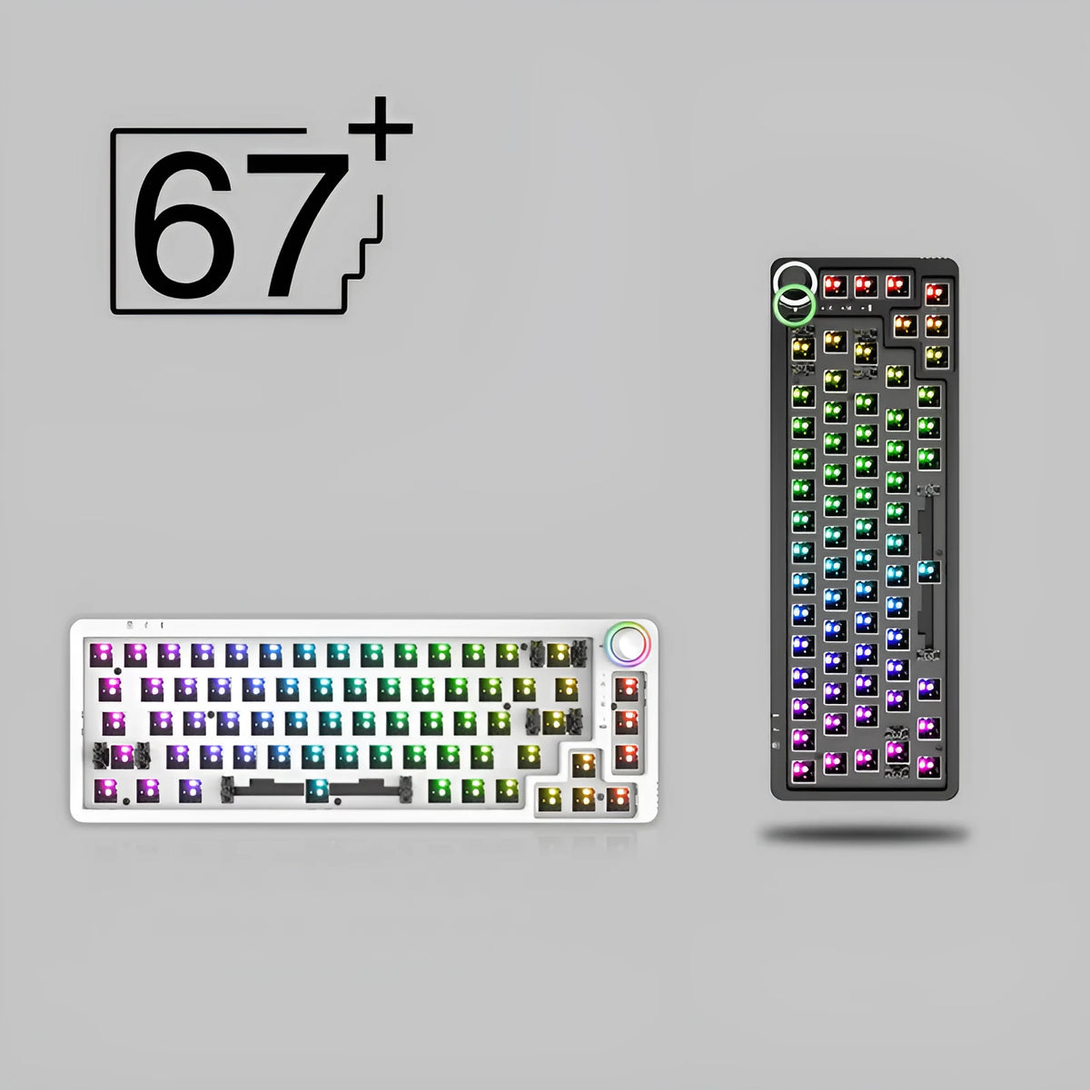 68-key Bluetooth mechanical keyboard kit in white or black plastic with backlight and multimedia keys, weighing 0.8 kg.
