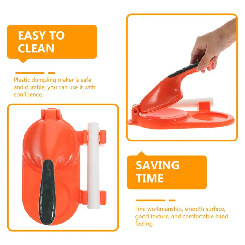 3 in 1 plastic dumpling maker set with two dumpling props and white rolling pin in orange, green, white or pink