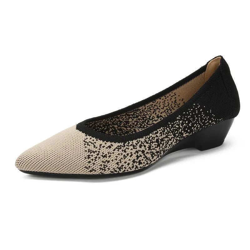 Women's low wedge pump in leopard print with mesh upper and pointed toe.