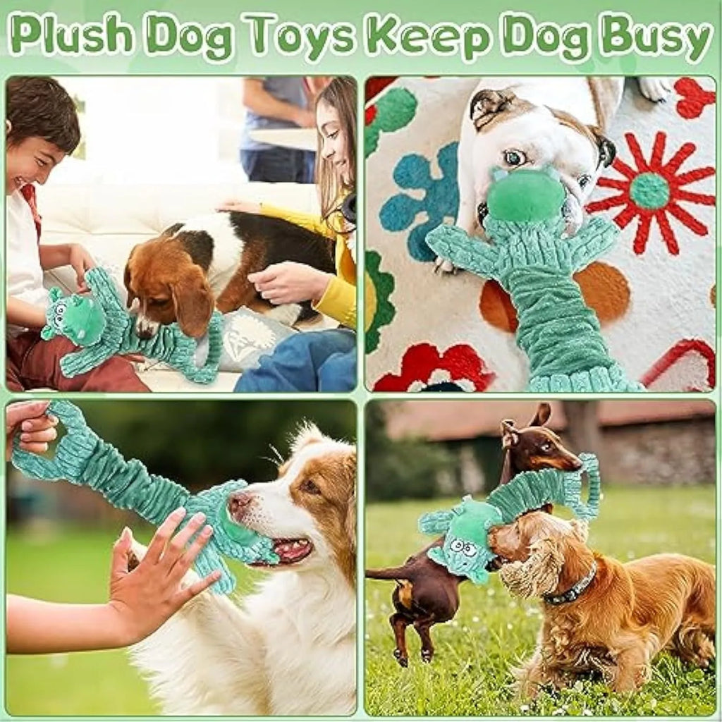 Large plush dog toy with squeaker and crinkle paper, measuring 32cm by 20cm by 10cm, for tug-of-war play