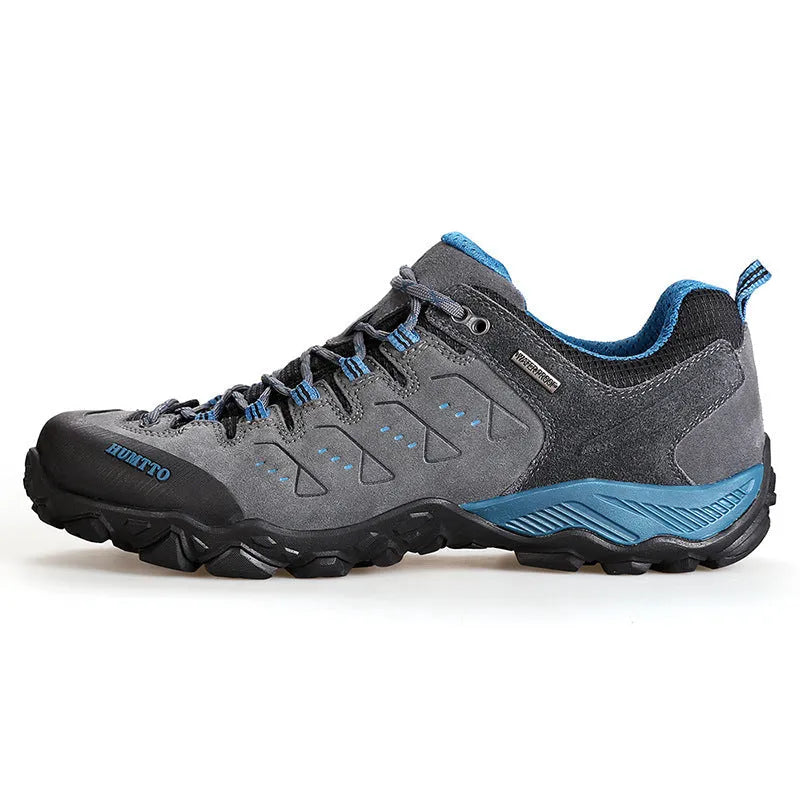 Men's low top waterproof hiking shoes with black rubber sole and EVA outsole, brown colour, spring autumn walking
