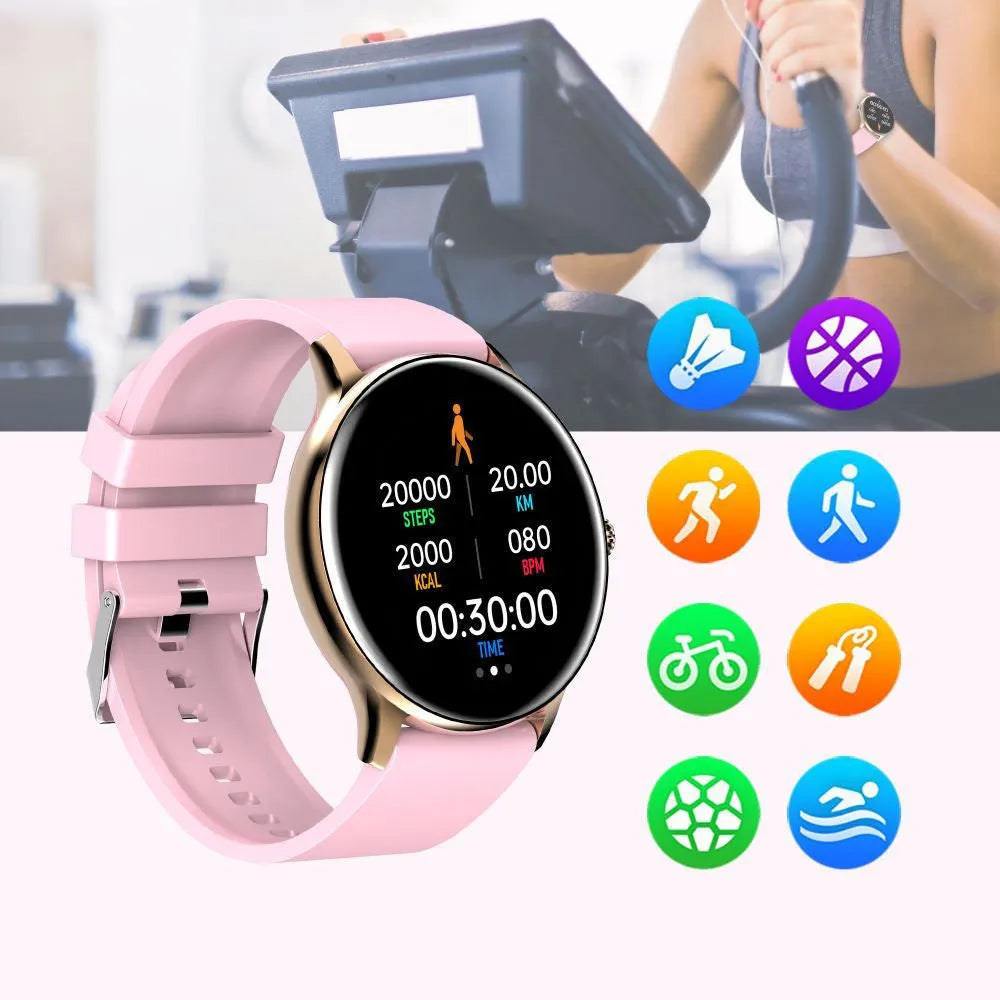 Black smartwatch with 1.28-inch screen on silicone wristband, showing health monitoring display