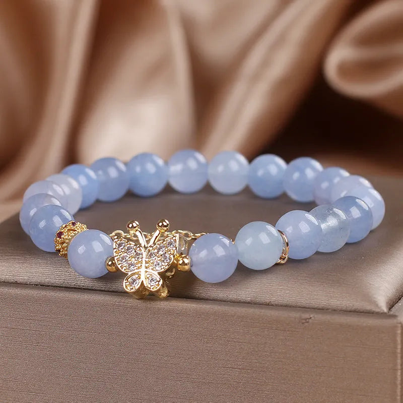 Sky blue butterfly crystal bracelet for women with pearls and rhinestones