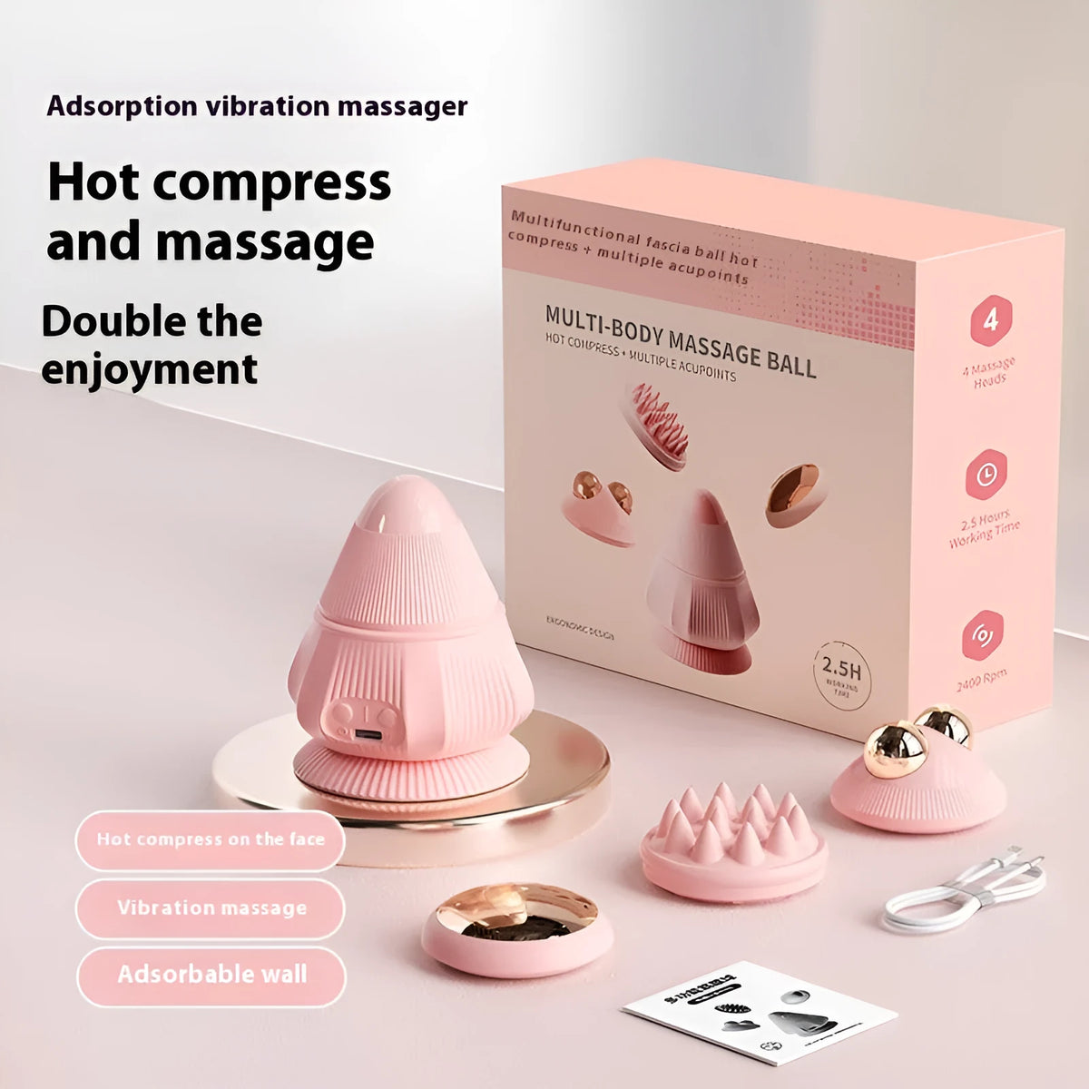 Rechargeable neck massager with hot compress, multi-head silicone design, gift box, and charging cable