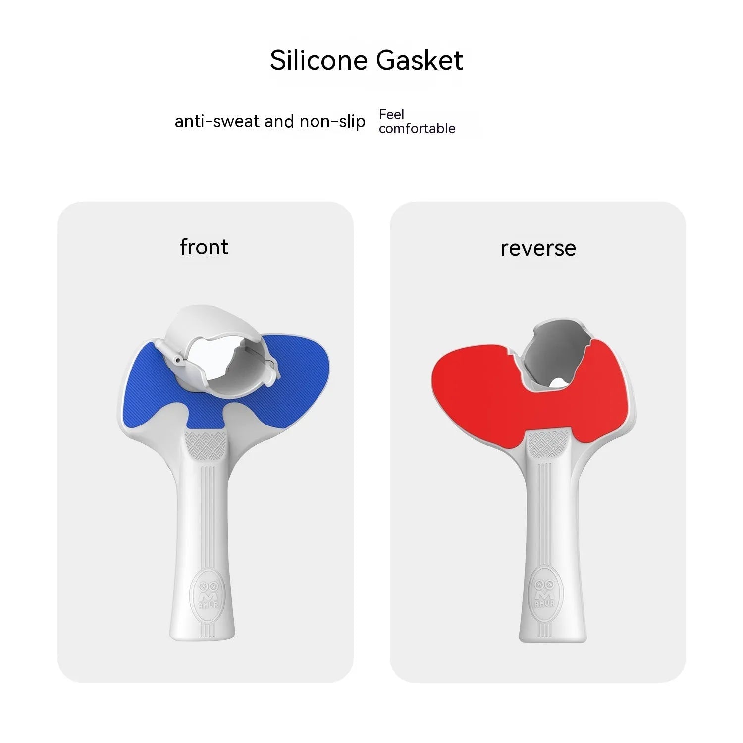 Red and blue plastic silicone handle grip for Pico 4 VR controller, shown as a table tennis racket accessory.