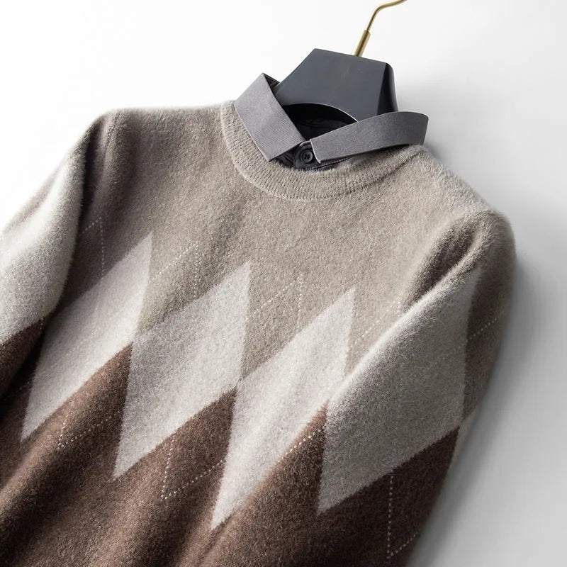 Men's diamond block fake two-piece imitation mink bottoming shirt in grey or camel, polyester blend, sizes M to 4XL.