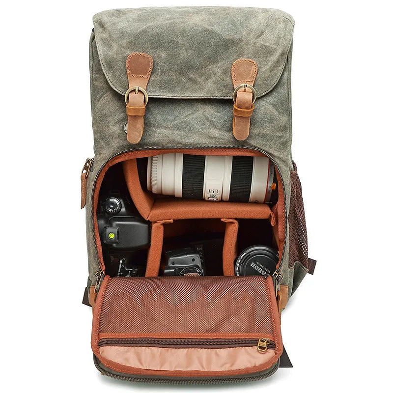 Canvas DSLR camera backpack in khaki colour with waterproof and anti-theft features