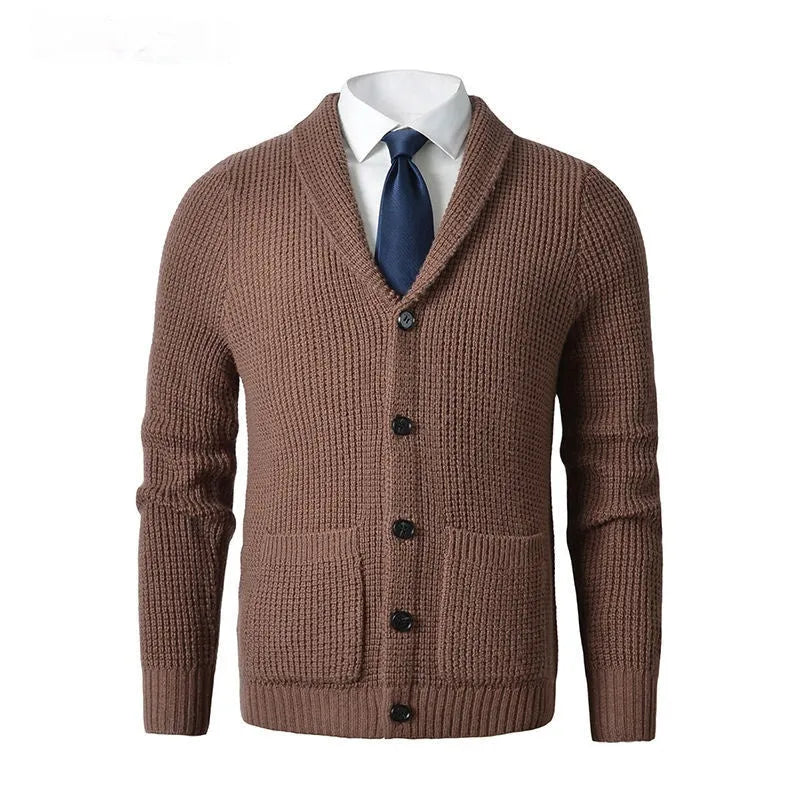 Men's wool knitted cardigan with V-neck, button front, pockets, and solid colour finish, sizes S to 4XL