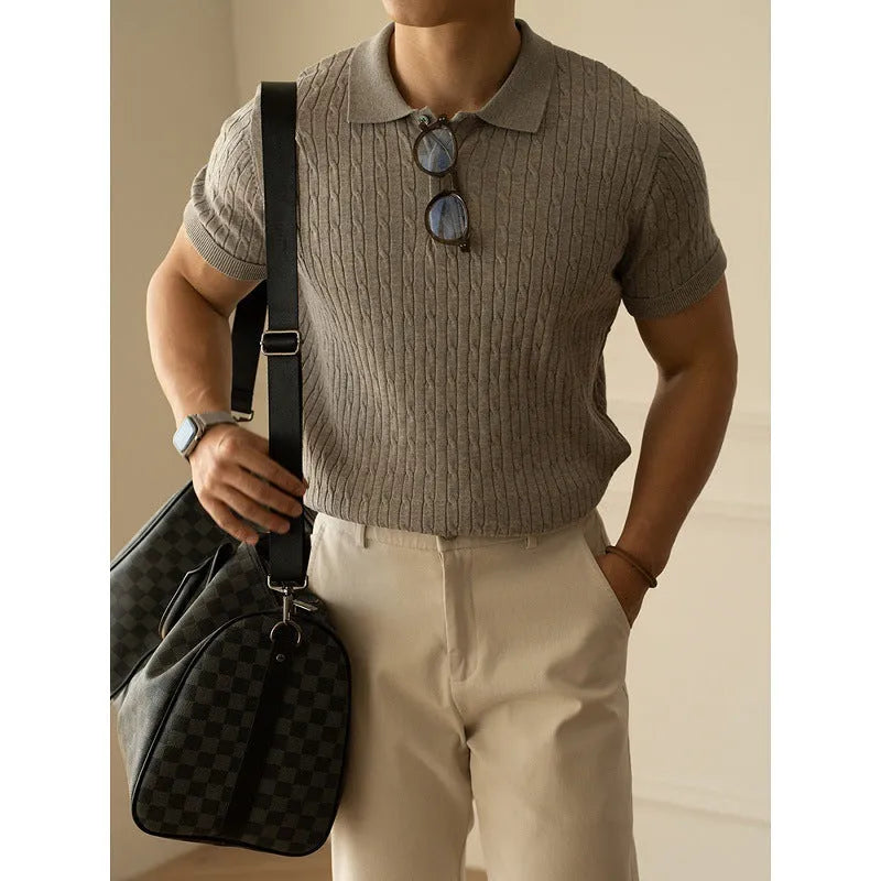 Men's short-sleeve top in khaki, black, or white for business and casual wear, showing fabric detail and fit