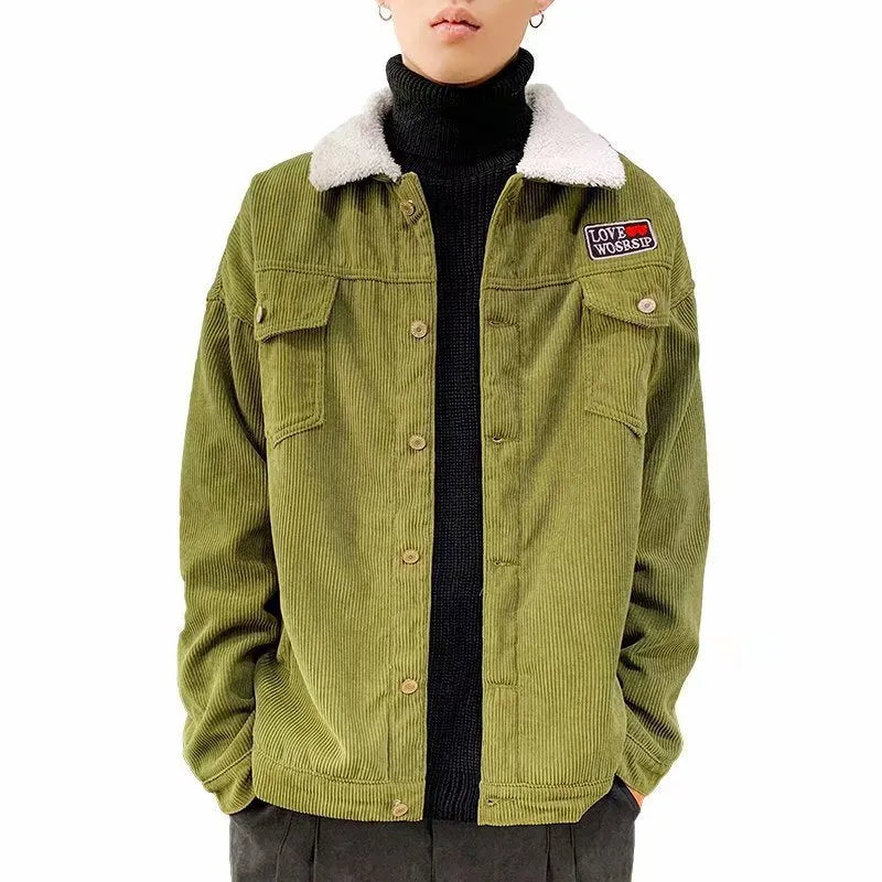 Men's corduroy workwear jacket in khaki colour with size stick pockets and regular sleeves