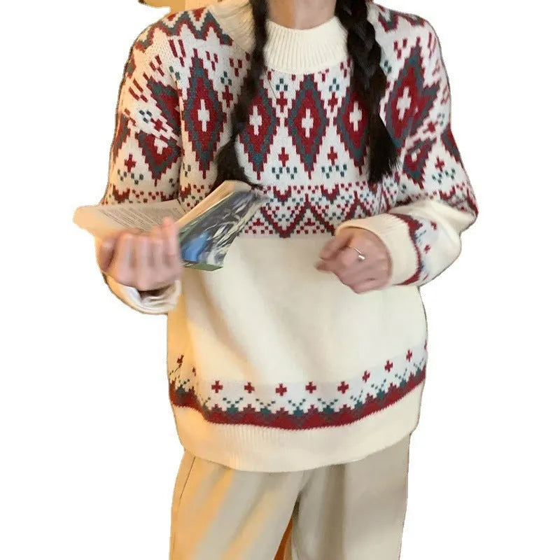 Loose striped pullover top in red or white with long sleeves and free size fit for casual retro style
