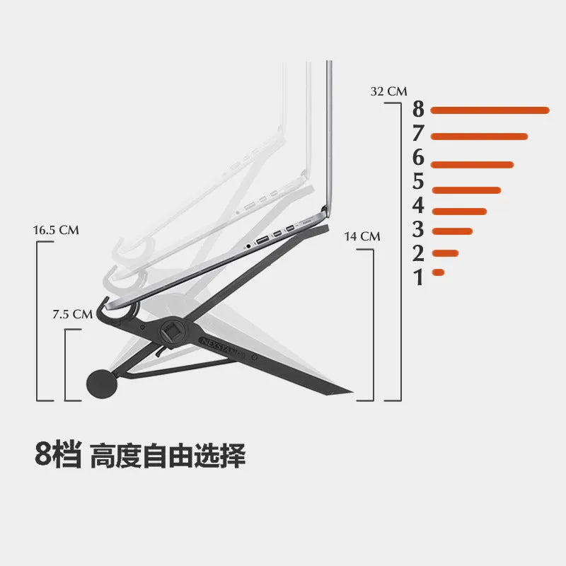 Black foldable portable laptop stand with enhanced nylon construction shown folded to 35.4cm with carrying case