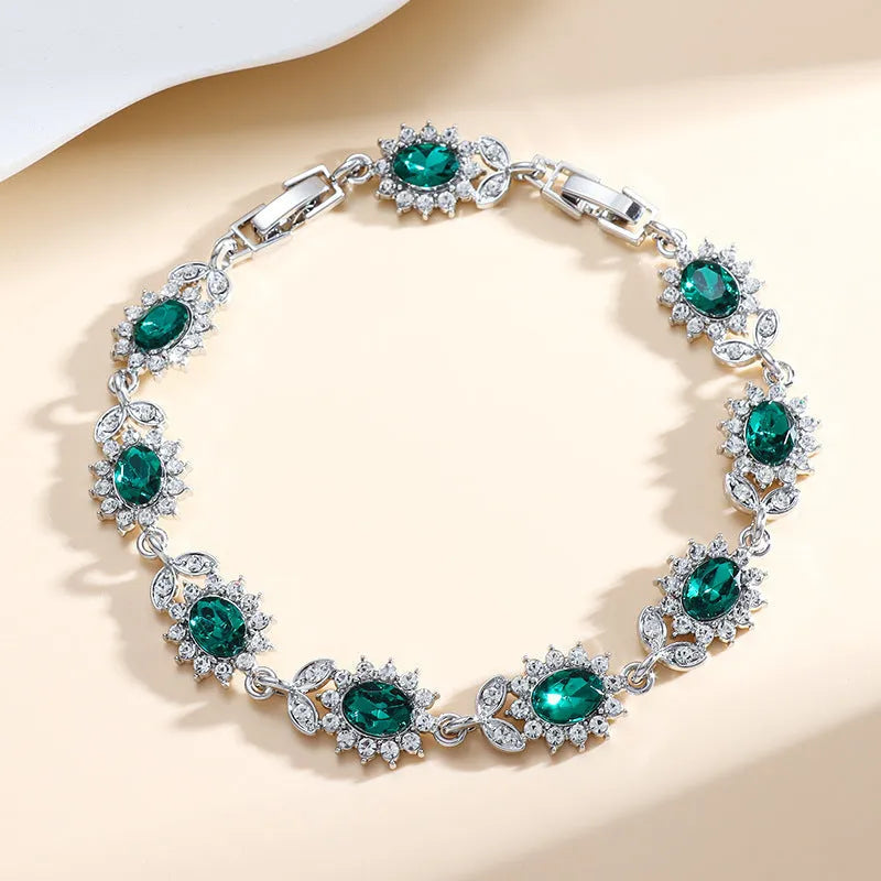 Personality Trend women's electroplated alloy bracelet with inlaid zircon accents in nine gemstone colour options
