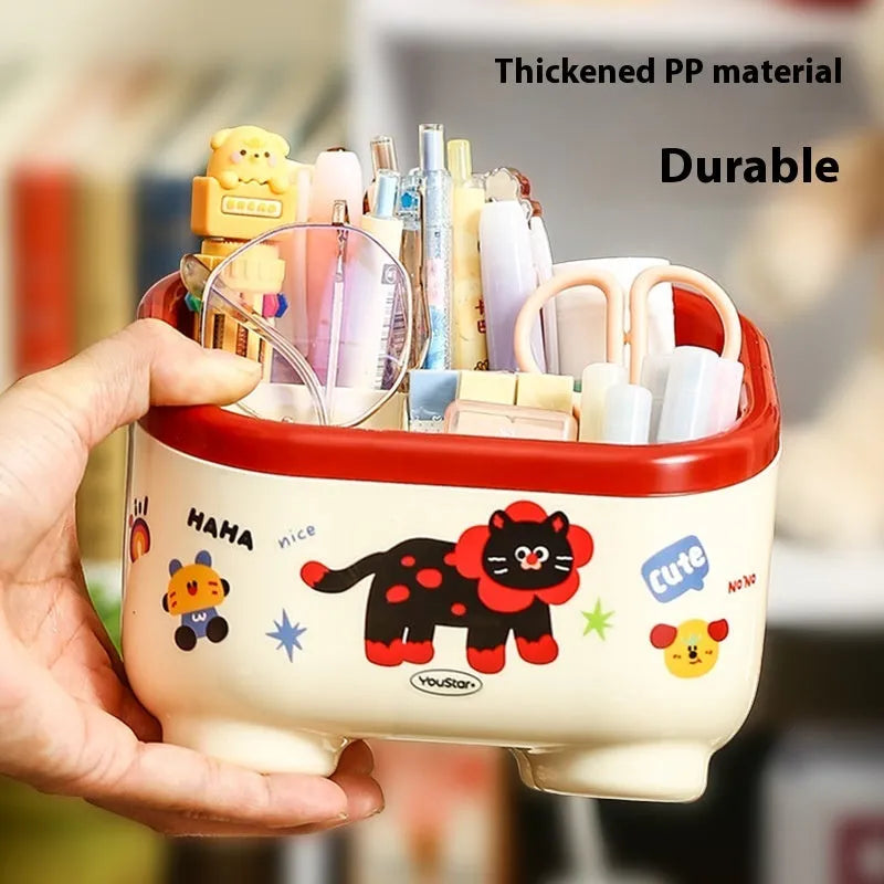 Red and brown cartoon-style desktop organiser with grid design for stationery and cosmetics storage