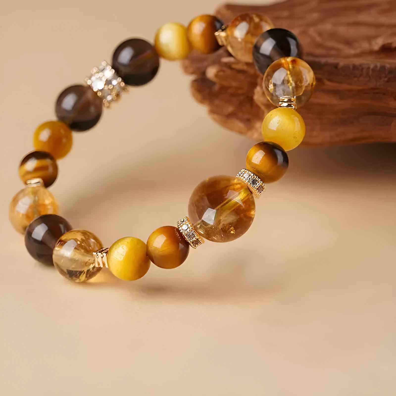 Geometric crystal bracelet in natural yellow tower tiger-eye with 10mm or 12mm diameter options