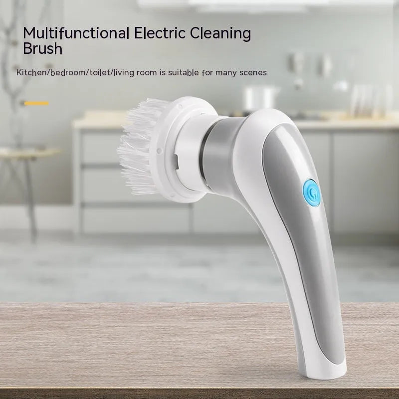 Cordless electric spin scrubber cleaning tool with four brush heads on storage bracket
