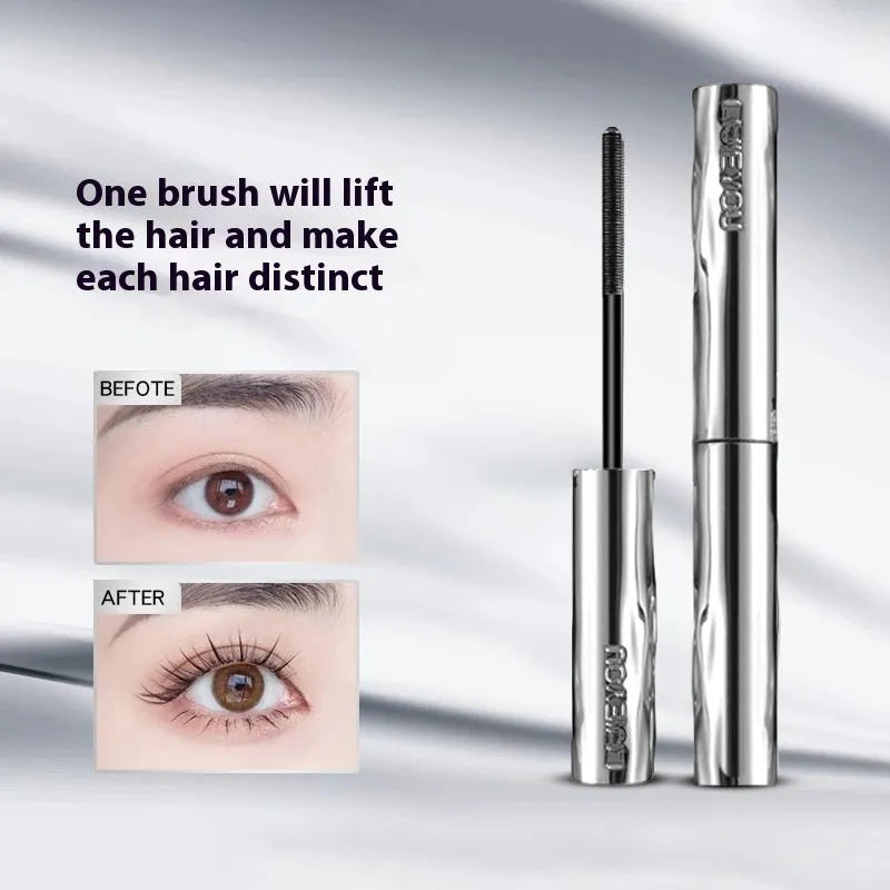 Waterproof black and brown steel tube mascara with optional eyelash curler.