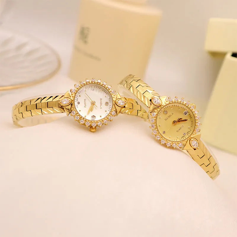 Women's vintage quartz watch with 5A diamond-embossed bracelet in gold finish