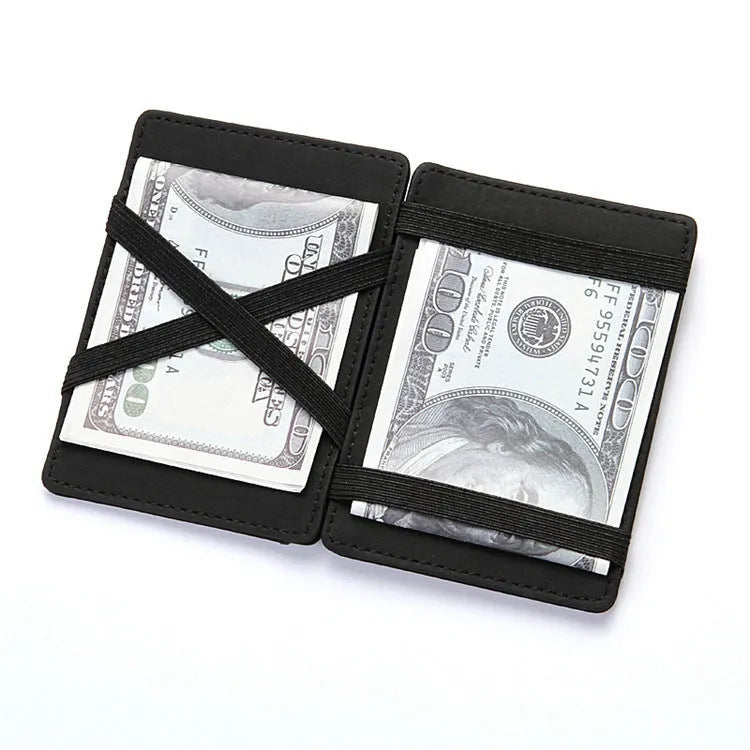 PU leather magic wallet showing flip card holder design with zipper coin compartment in black colour