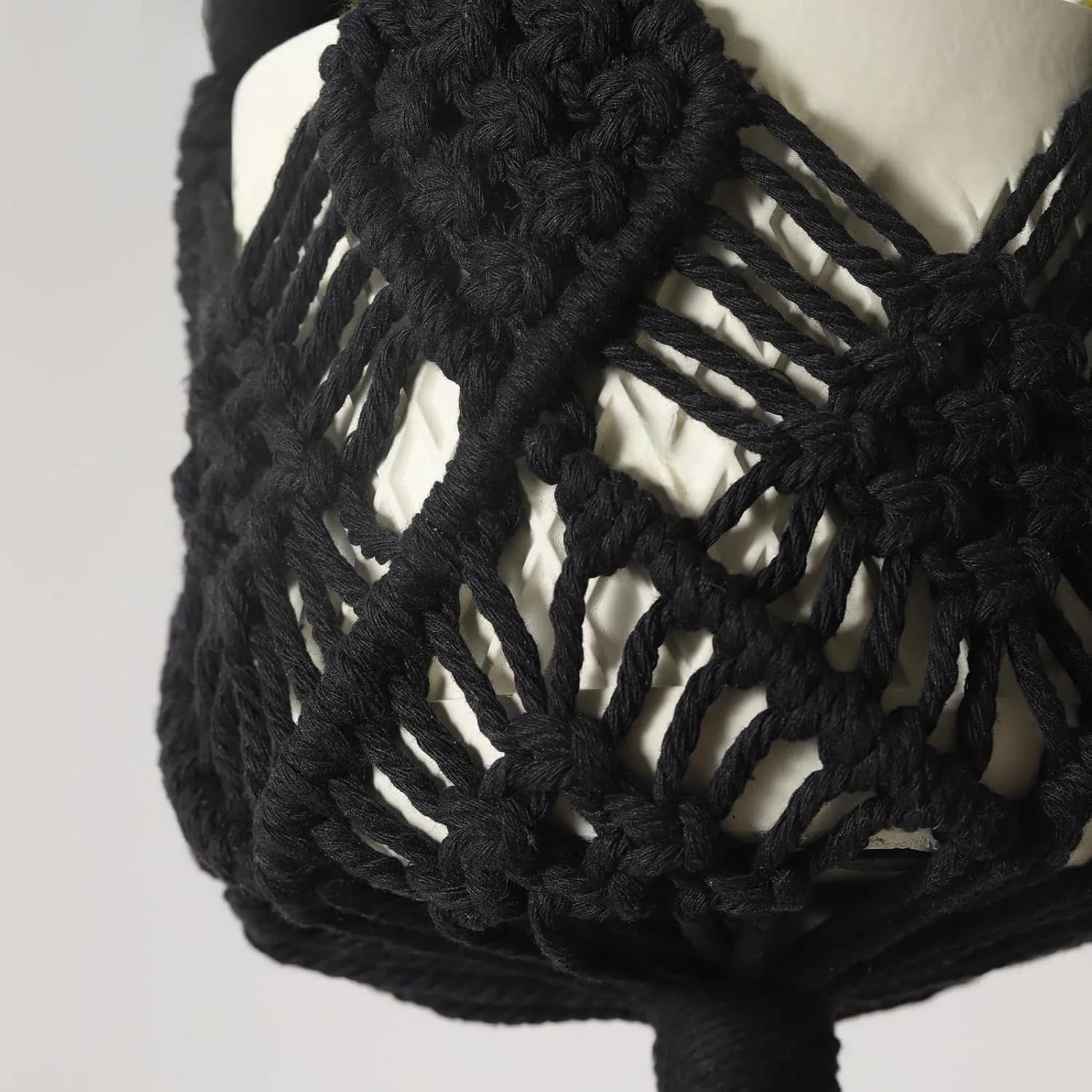 Hand-woven polyester cotton flower pot in brown with net pocket extension cord, approximately 30cm diameter.