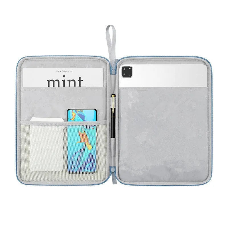 Imitation leather tablet protective case with a carrying handle in black, light grey, pink, or sky blue.