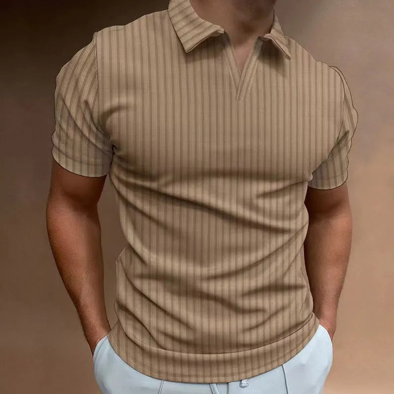 Men's striped V-neck polo shirt in cotton blend fabric for summer sports activities