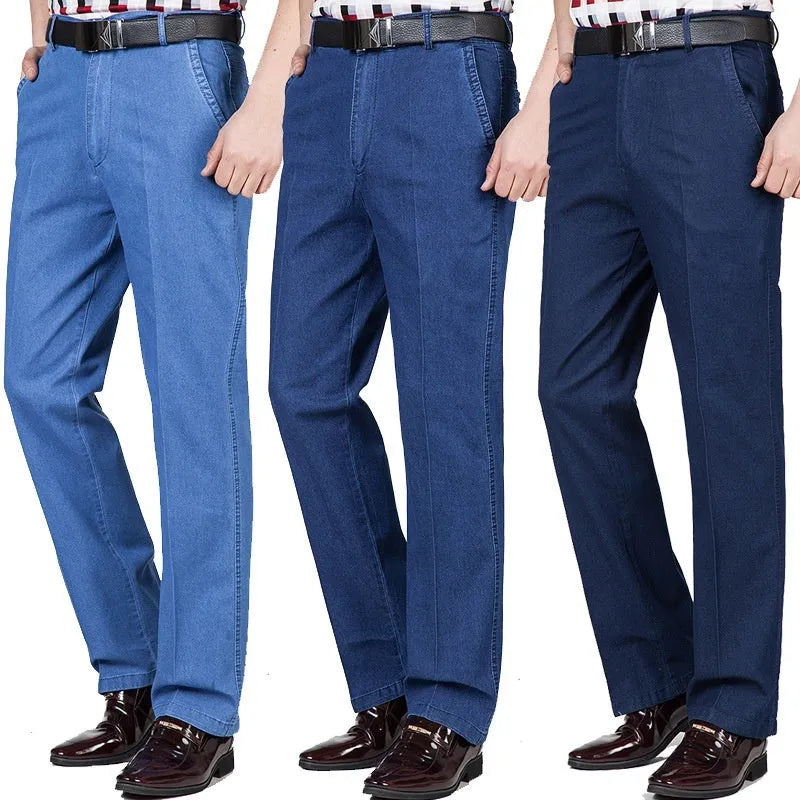 Men's high-waist loose blue denim trousers on a neutral background
