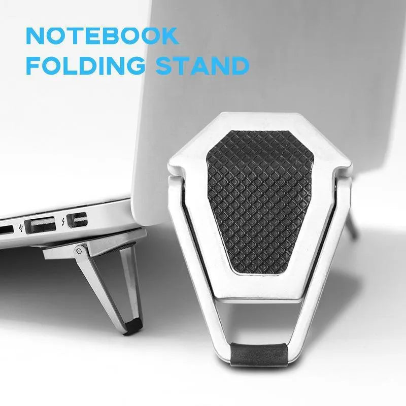 Compact aluminium alloy computer bracket folded to 4.8cm with adhesive backing for laptop support