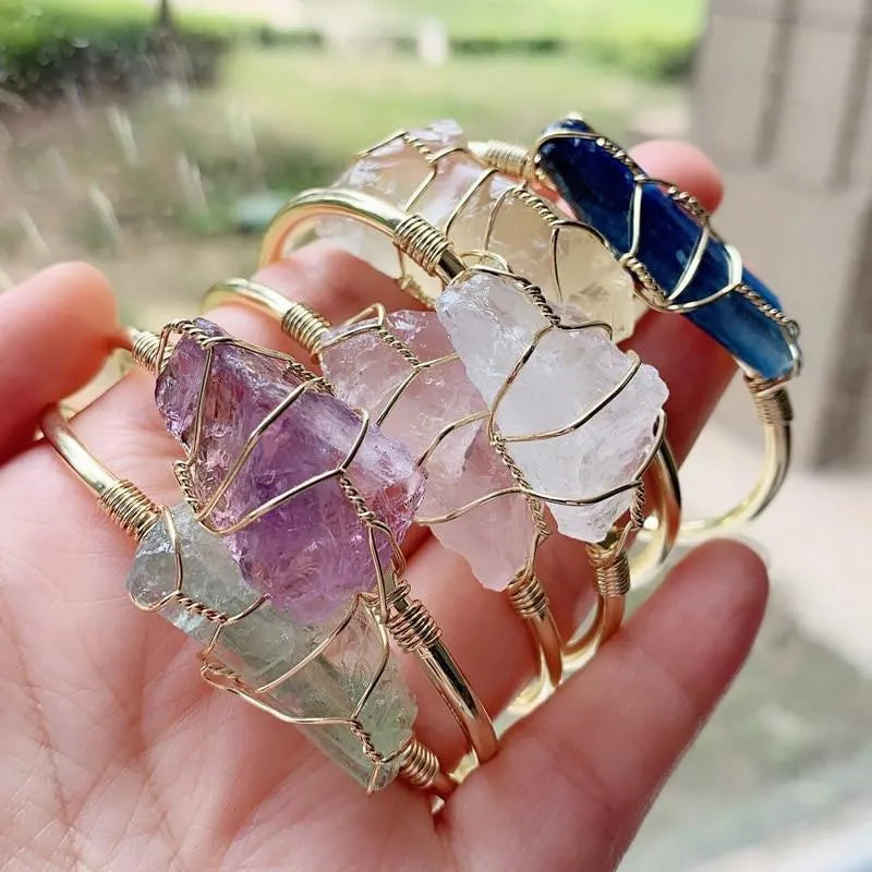 Natural crystal rough stone bracelet with geometric unshaped design and gold winding metal accents