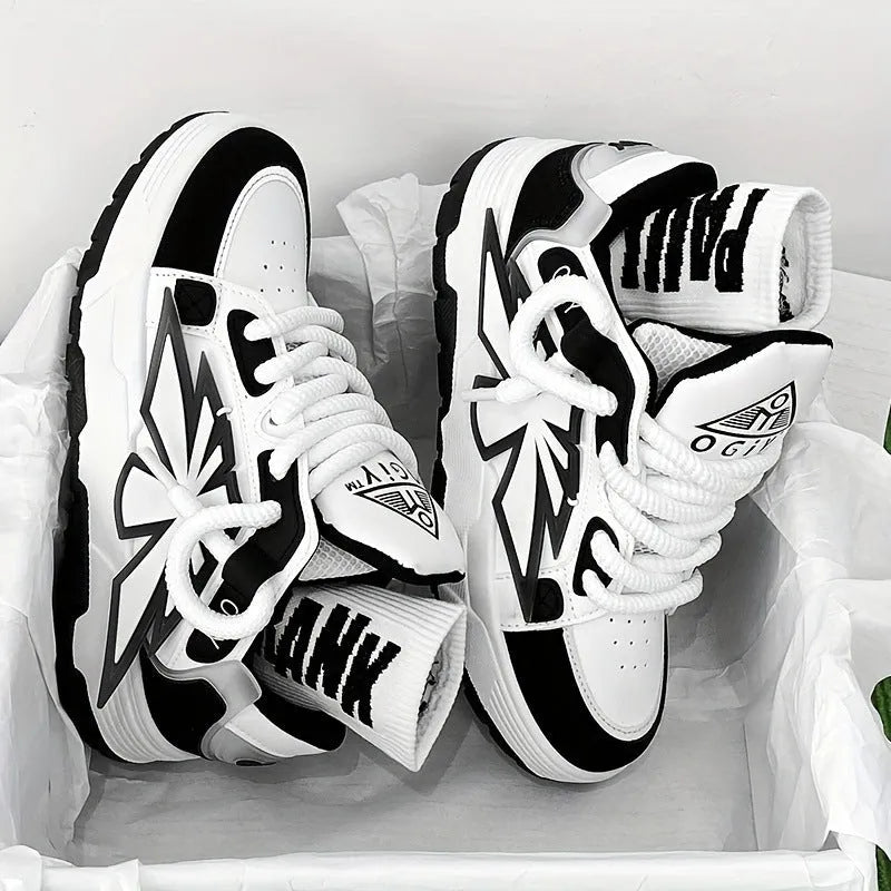 Men's white Harajuku clunky sneakers with cartoon totem patterns, 3-5cm heel, and rubber sole for casual wear