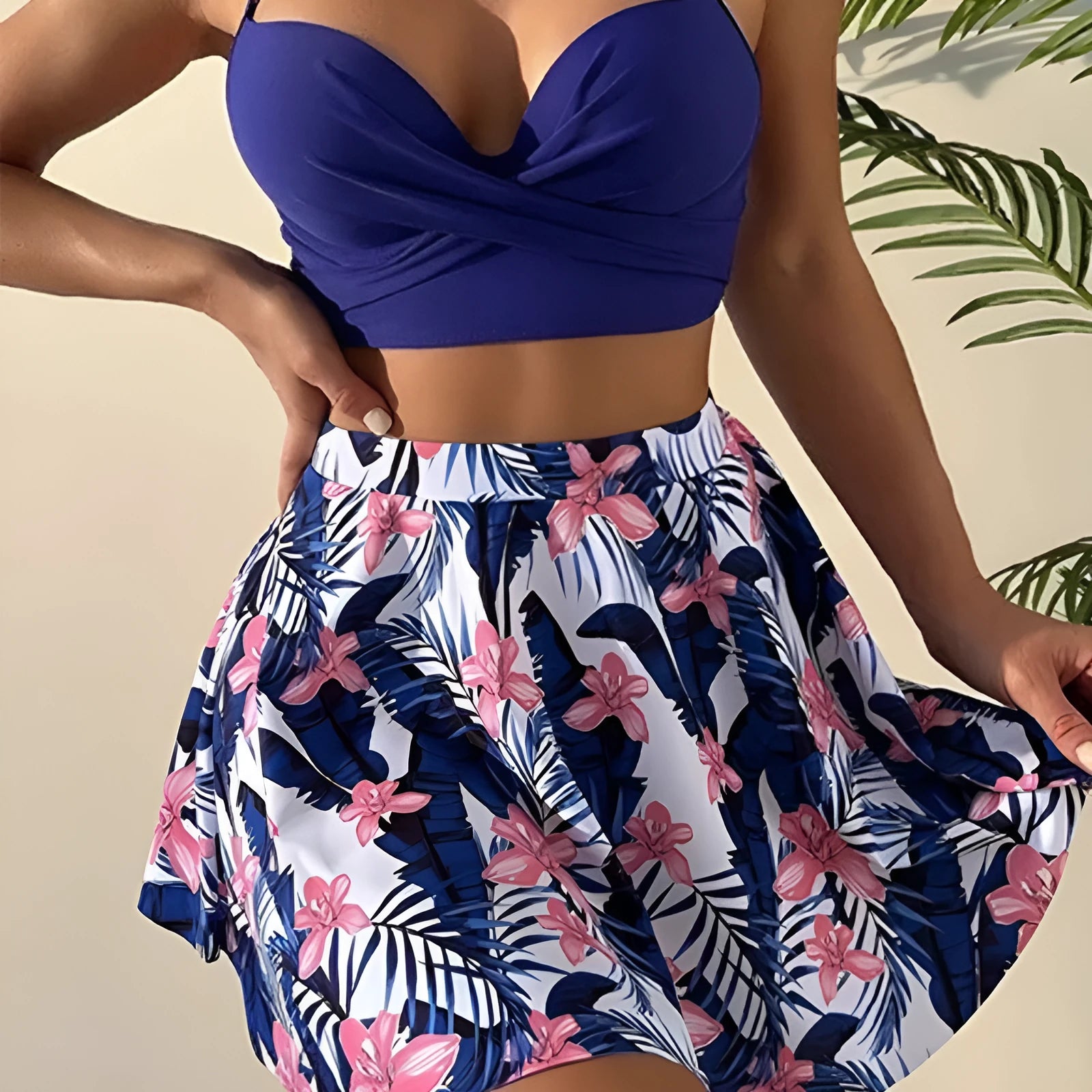 Women's three-piece high-waisted bikini swimsuit set in polyester fabric