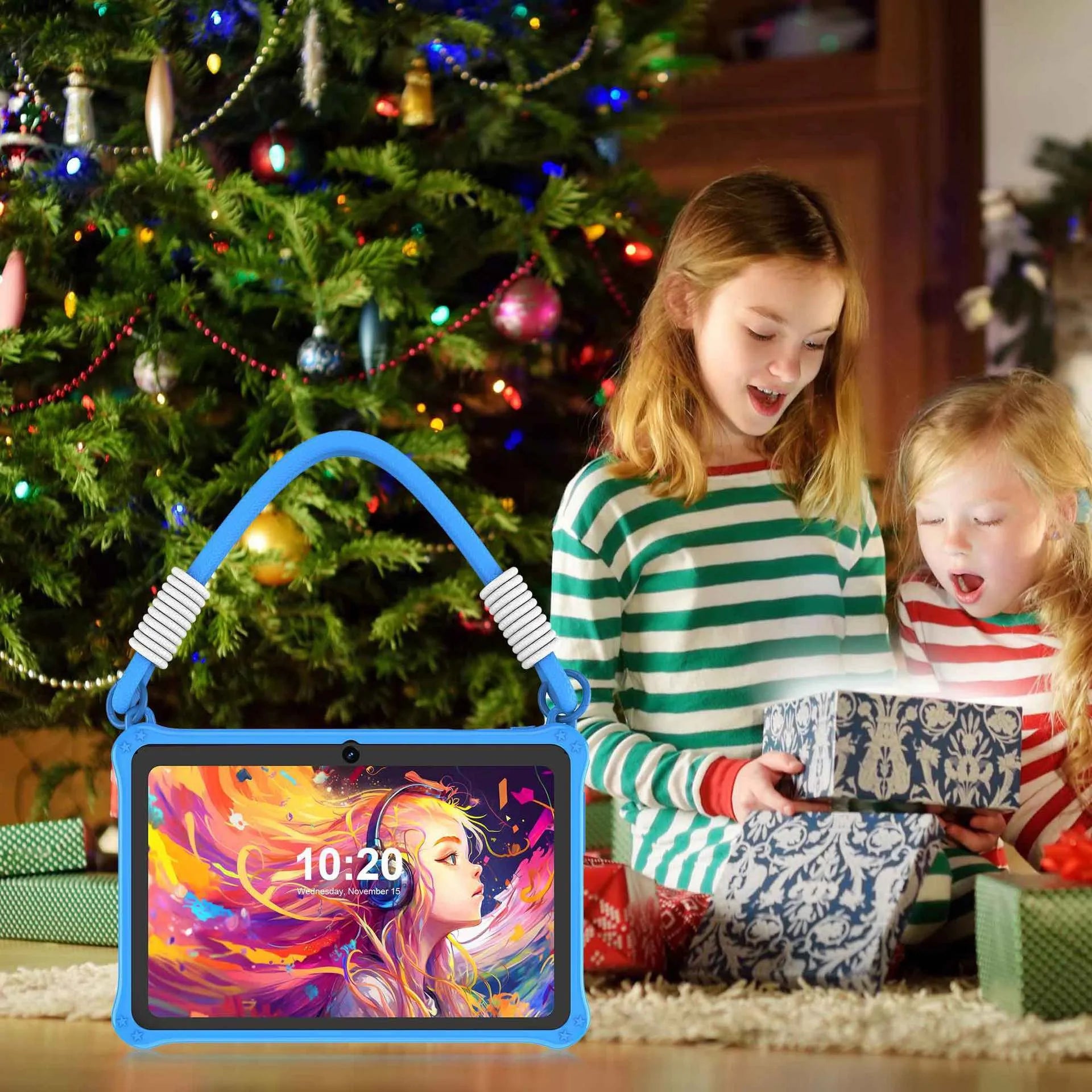 Sapphire blue silicone protective case for 7-inch children's tablet with flat strap and HD film