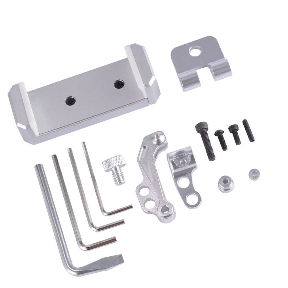 Silver universal mobile phone holder with adjustable tongs and remote control lanyard for vehicle mounting