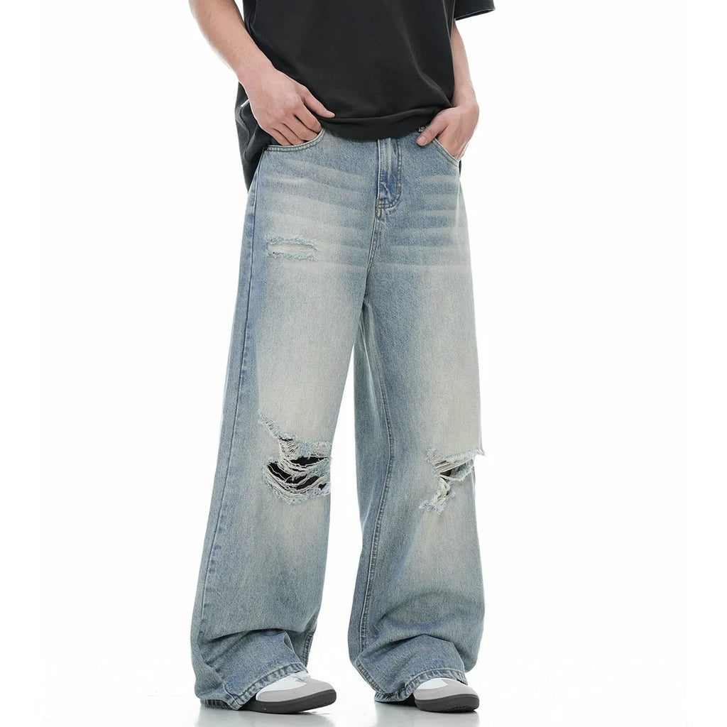 Blue straight-leg cotton blend trousers with zipper fly, retro style design, shown flat