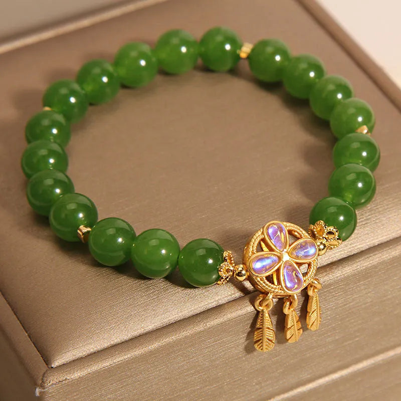 Women's green jasper crystal bracelet with four-leaf clover dream catcher pendant original design