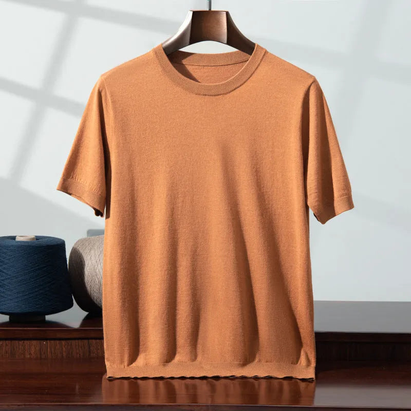 Men's thin knitted wool short sleeve casual shirt in loose fit design