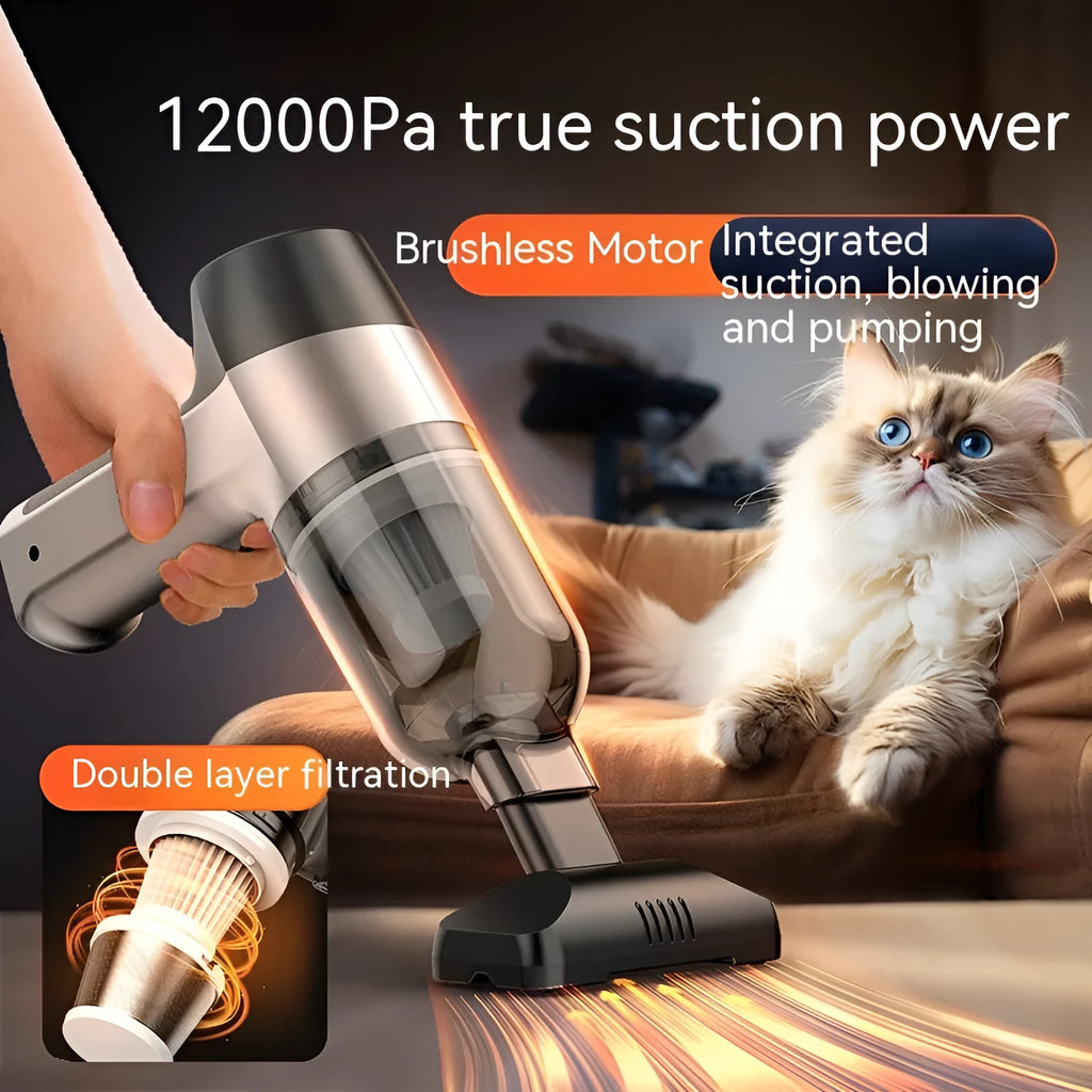 Wireless handheld car vacuum cleaner with multiple nozzle attachments and aviation carry bag.