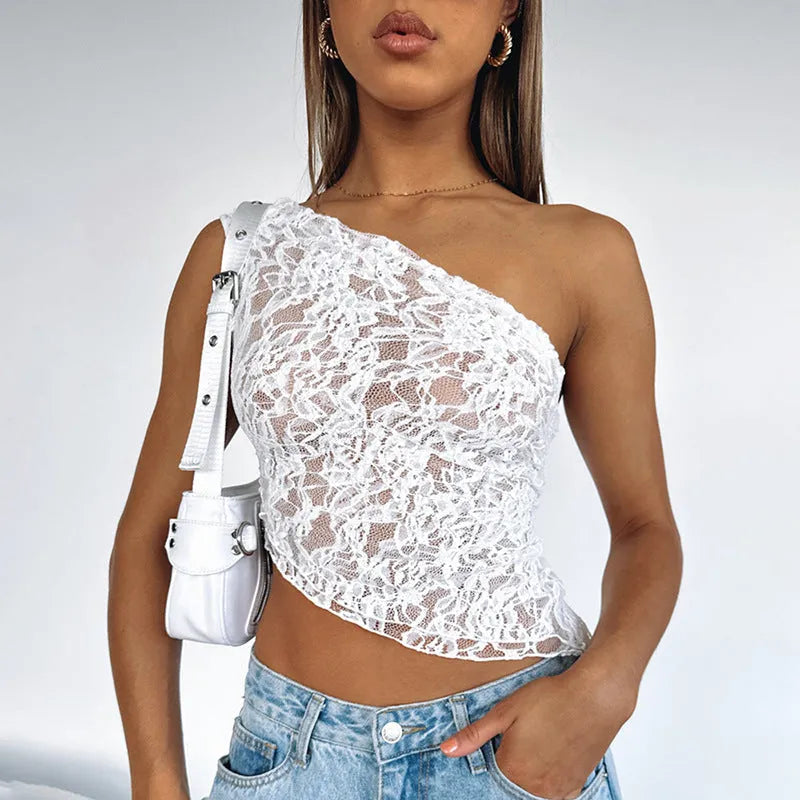Women's backless vest with asymmetrical neckline and lace detailing in solid colour