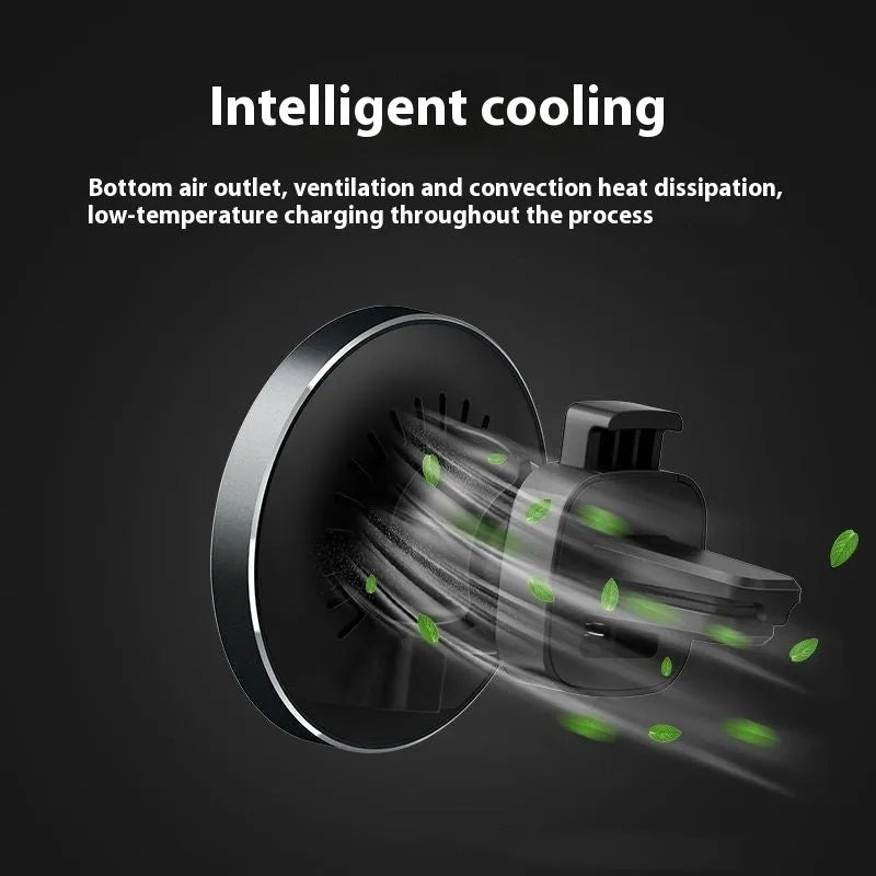 Black car magnetic wireless charger support in aluminium alloy and ABS with USB-C input and 76 x 60 x 60mm bare metal size