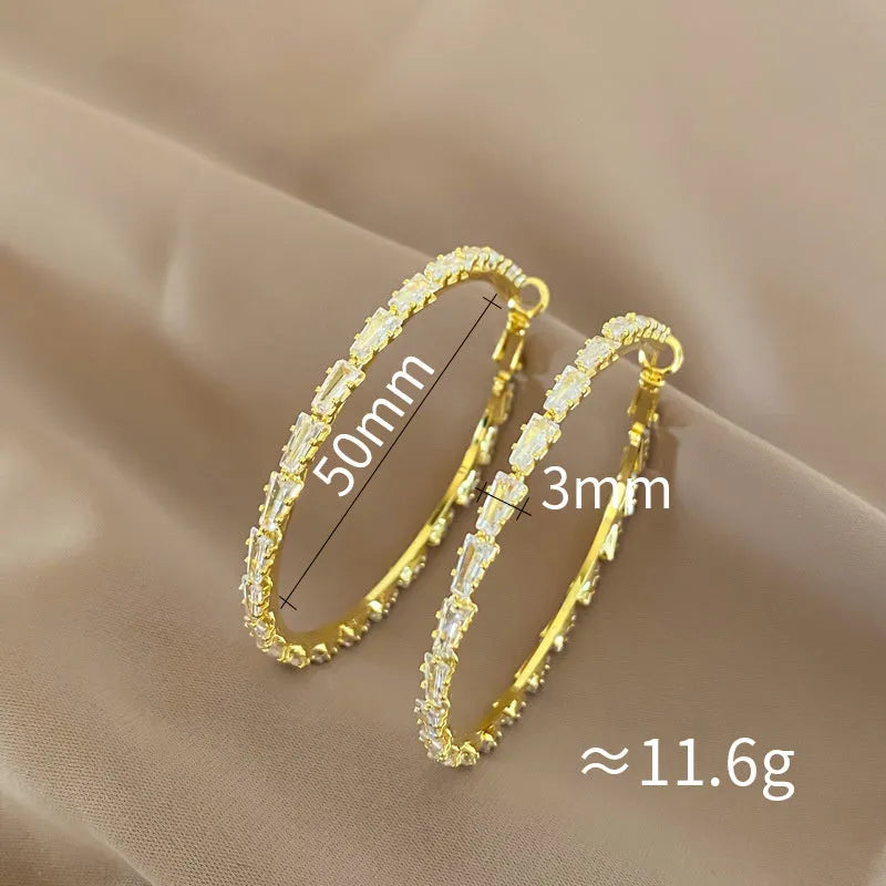 Gold-plated copper big circle hoop earrings with rhinestone inlay and 925 silver needles