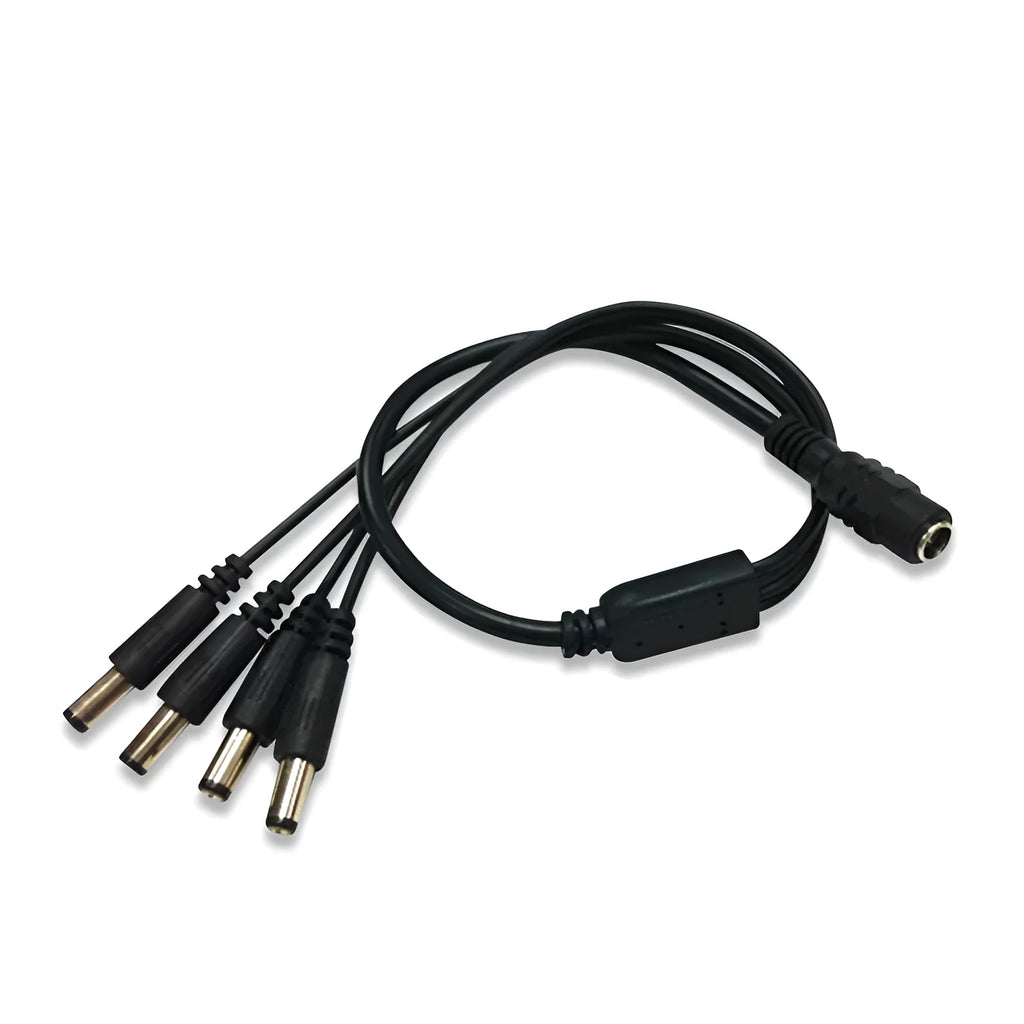 Black DC monitoring power cord with one input and four output connectors for CCTV cameras