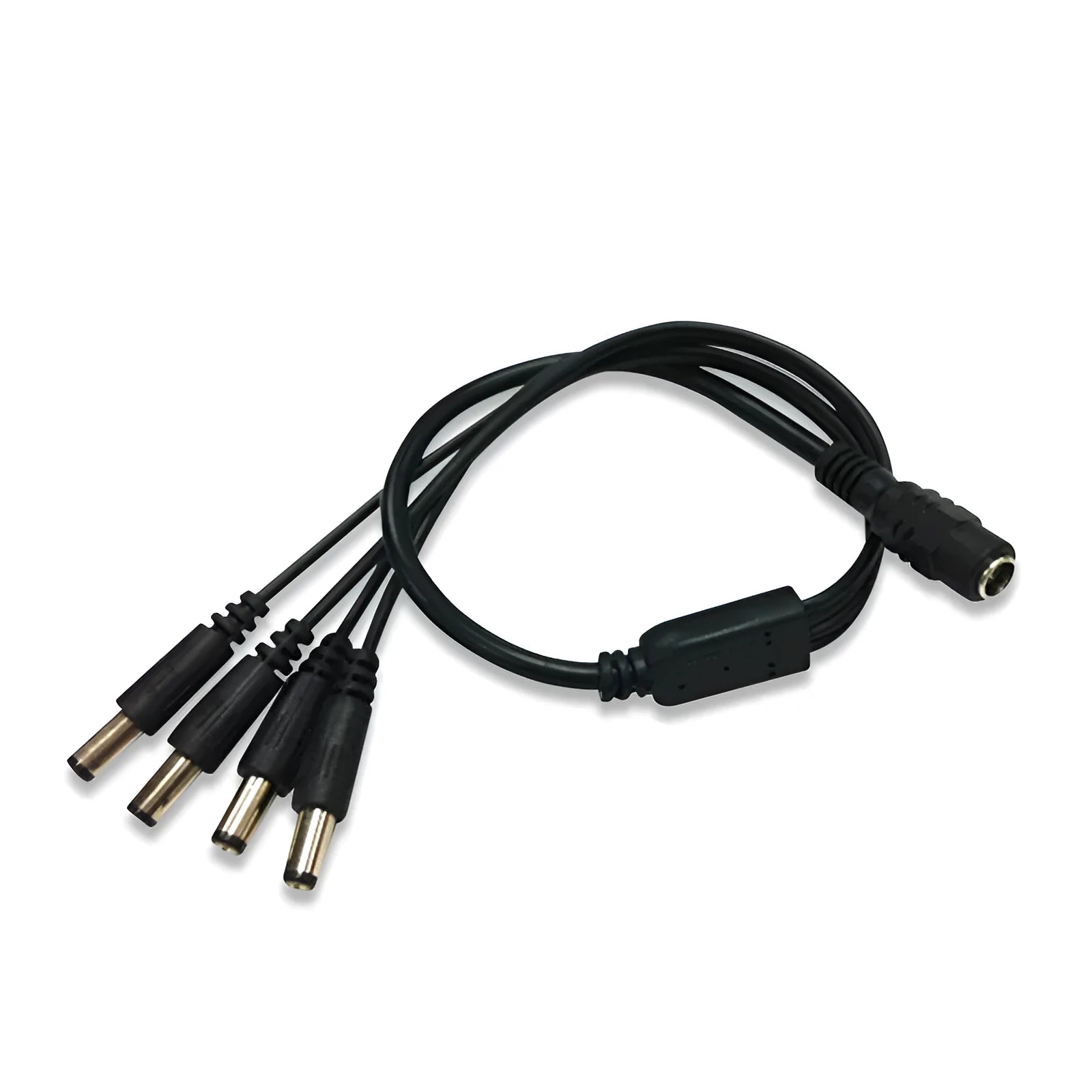 Black DC monitoring power cord with one input and four output connectors for CCTV cameras