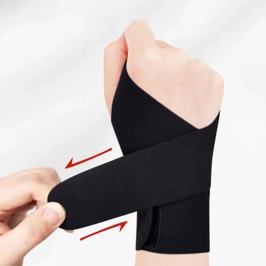 Athletic wristguards in black with adjustable hook-and-loop closure for wrist support during sports