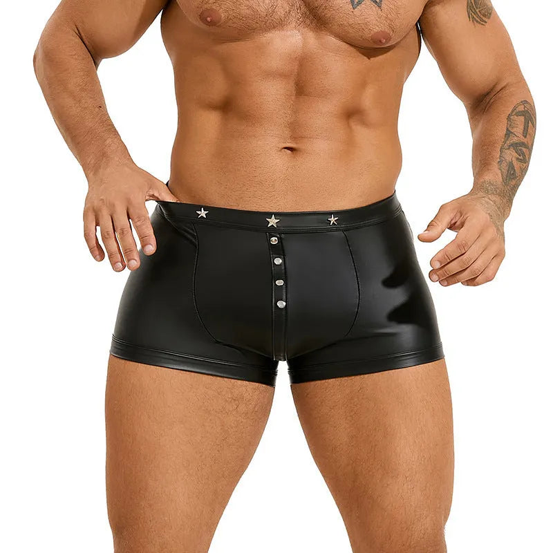 Black PU leather men's boxer shorts with U pouch design on a size chart background