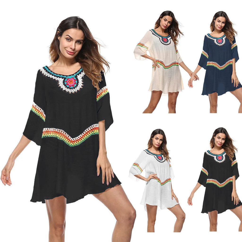 Crocheted ethnic style sun protection clothing for women in apricot colour, made from acrylic fabric for beach use