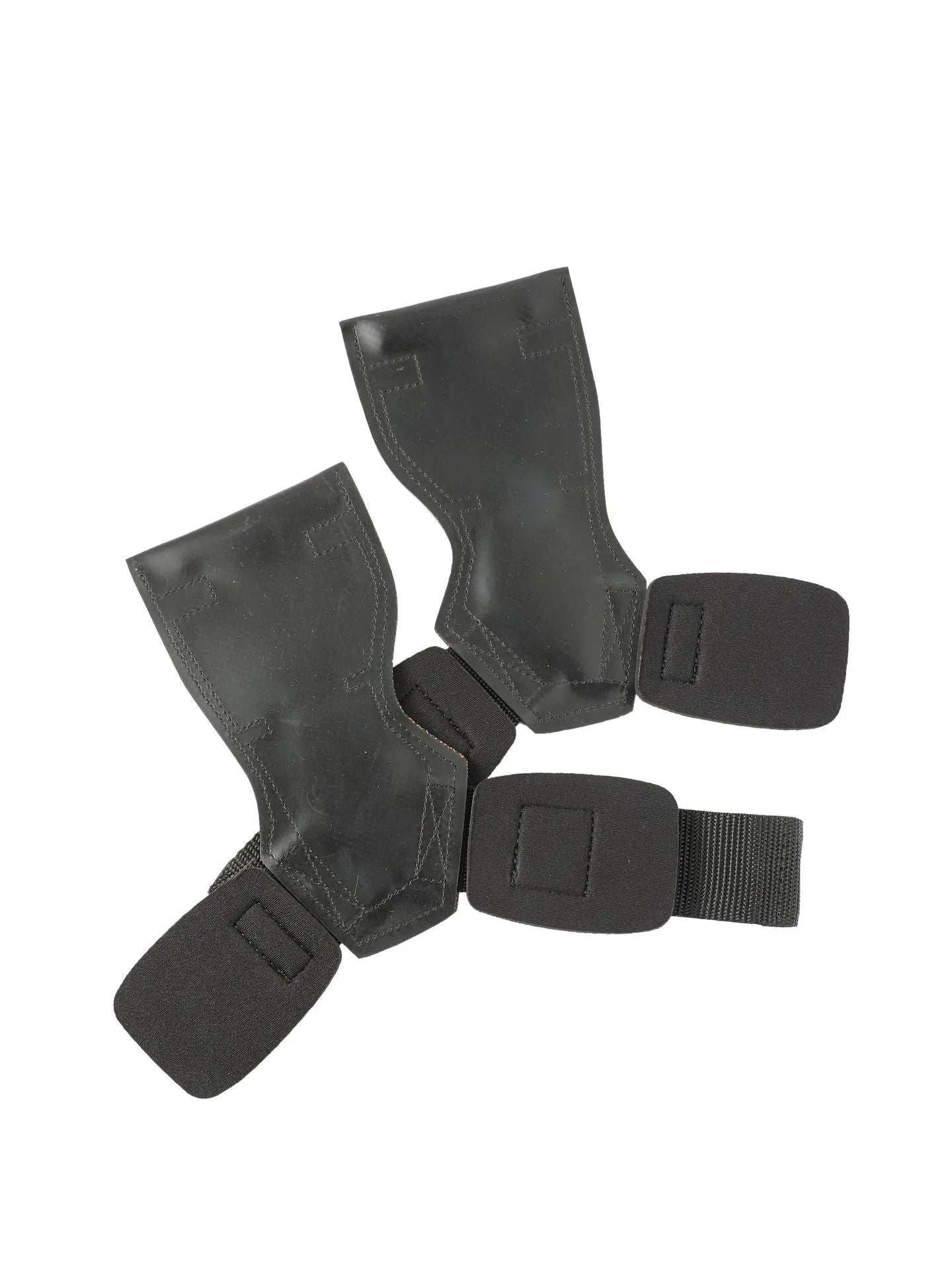 Black rubber non-slip weightlifting palm protectors with an assist belt for rock climbing.