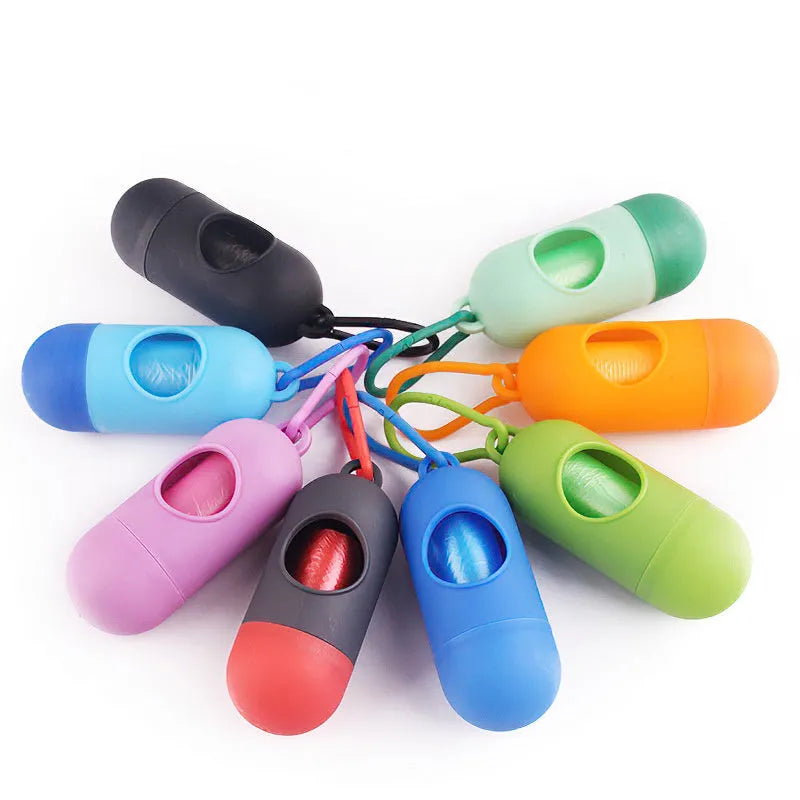 Dog poop bags holder with Velcro strap and plastic side hook showing compact 10x10x5cm dimensions