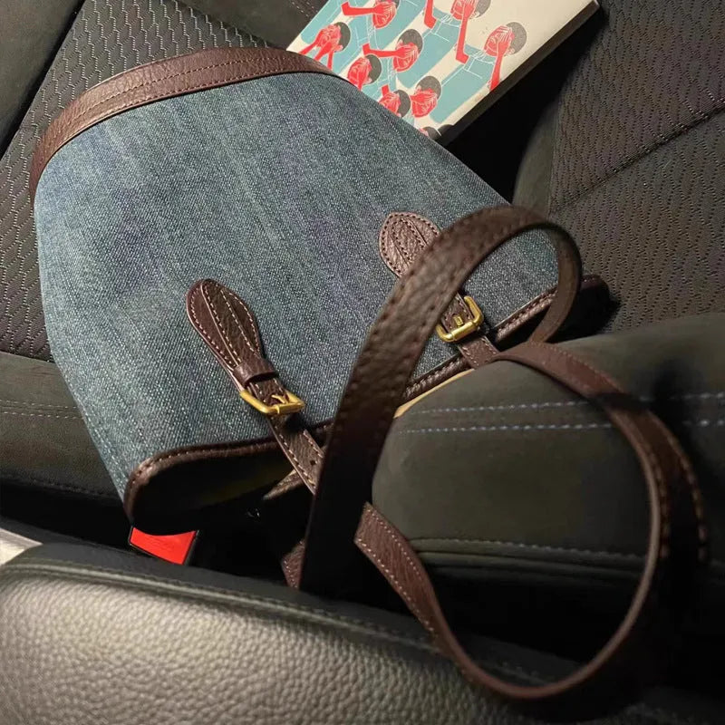 Denim patchwork retro one-shoulder bucket handbag showing large capacity and polyester construction