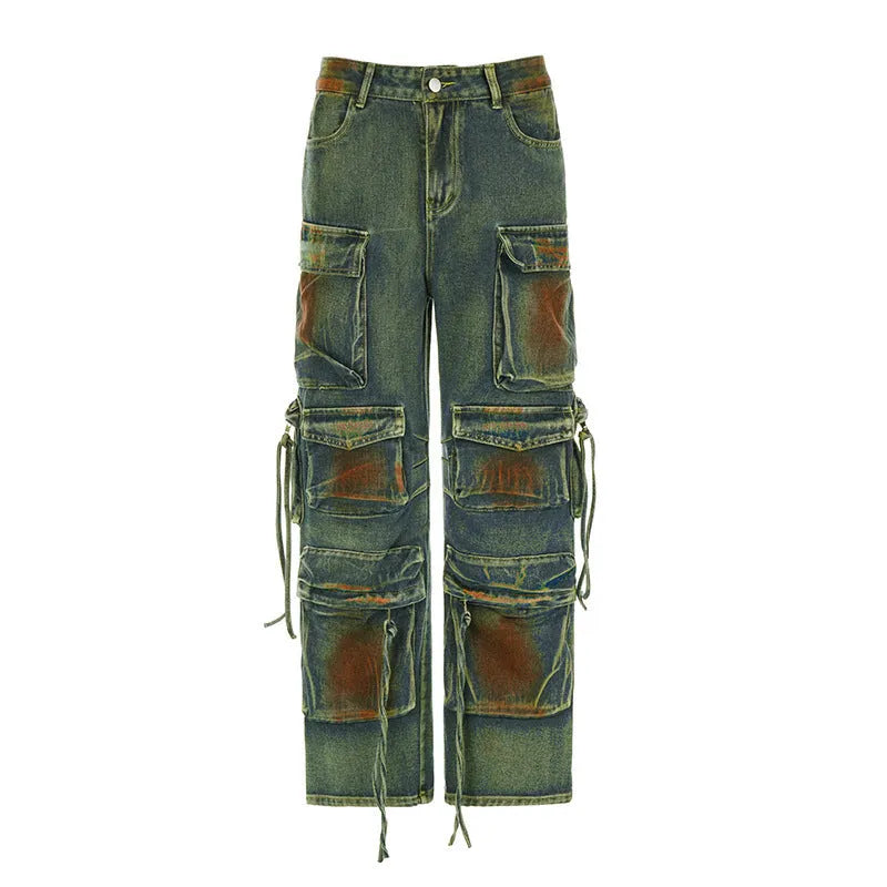 Loose cargo denim trousers with gradient colour pockets on a model, showing street hipster style.