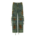 Loose cargo denim trousers with gradient colour pockets on a model, showing street hipster style.